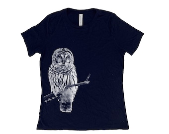 Owl Shirt, Womens Tshirt, Bird Shirt, Summer Shirt, Screenprint Shirt, Animal Shirt, Birthday Gift, Graphic Tee