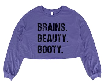 Women Long Sleeve Crop Top, Workout Shirt, Womens Shirt, Funny Shirt, Brain Beauty Booty, Yoga Top, Gym Shirt, Graphic Tee, Fitness