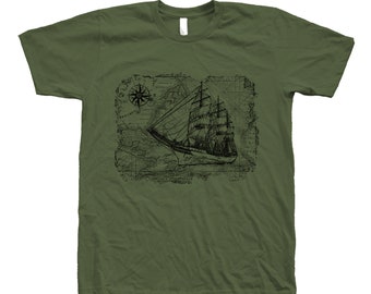 Men Tshirt, Ready to Ship Size Small, Sailing Ship Tshirt, Mens T-shirt, Unisex T-shirt, Crew Neck, Compass T-shirt, Map T-shirt, Sea Tshirt