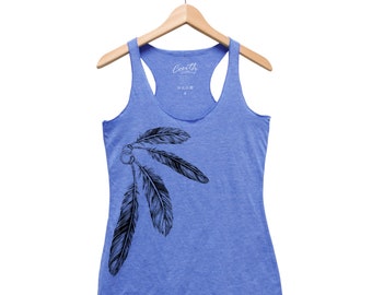Womens Tank Top, Ladies Feather Print Tank Top, Graphic Tee, Triblend Racerback Tank Top, Hand Screen Print, Gift for Daughter