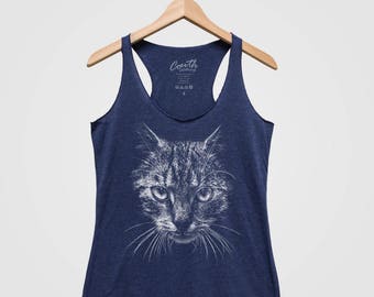 CAT Women Tank Top Triblend Racerback Tank Top Hand Screen Printed