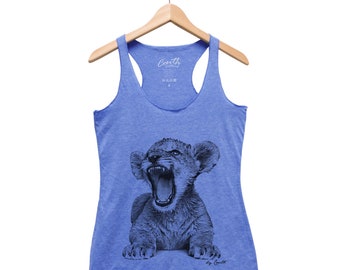 Lion Tank Top, Women's Tank Top, Lion Cub Tank Top, Cute Animal Tank Top, Graphic Tee, Triblend Racerback Tank Top, Hand Screen Print