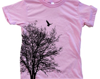Kids Tree Tshirt, Tree T-shirt, Bird Tshirt, Screen Print, Crew Neck, Gift for Boy, Gift for Girl, Cotton T-shirt, Boys Tshirt, Girls Tshirt