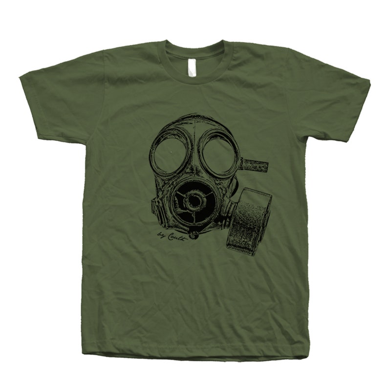 Mens Shirt, Unisex Tshirt, Vintage Gas Mask, Crew Neck Tshirt, Steampunk, Funny Shirt, Military Shirt, Birthday Gift, Graphic Tee Olive