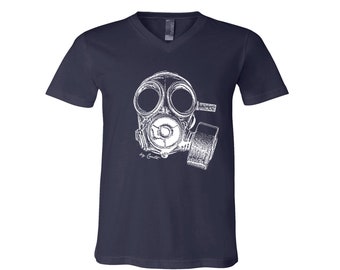 Gas Mask T-shirt, Unisex Tshirt, Mens Graphic Tee, Screen Print Shirt, V-Neck Tshirt, Gift for Dad, Gift for Men, Black Retro T-shirt