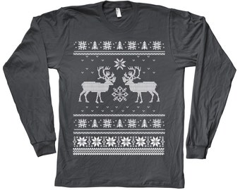 Mens Unisex Christmas Ugly Sweater Tshirt Hand Screen Print  Crew Neck Long Sleeve tshirt