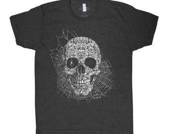 Skull Tshirt, Halloween Shirt, Men Graphic Tee, Black tshirt, Halloween Costume, Spider Web