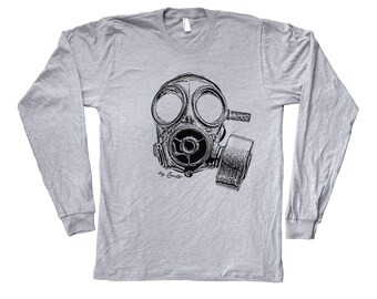 Mens T-shirt, Vintage Gas Mask Shirt, Steampunk, Long Sleeve T-shirt, Crew Neck Tshirt, Hand Screen Print, Urban Look