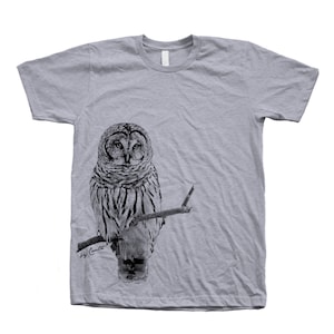 Mens unisex owl t-shirt graphic tee, Bird lover gift shirt, Animal tshirt crew neck cotton t, Summer nature womens clothing, Birthday