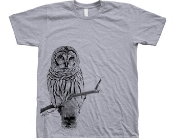 Mens unisex owl t-shirt graphic tee, Bird lover gift shirt, Animal tshirt crew neck cotton t, Summer nature womens clothing, Birthday