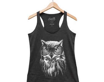 Owl tank top, women’s racer back top, bird print tee, graphic, gift for women, cute animal print, triblend, screen print, black shirt