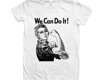 Womens Junior Tshirt, Rosie Shirt, We Can Do It Shirt, Rosie the Reveter, Crew Neck, Graphic Tee, Blue Tshirt, Gifr for Women