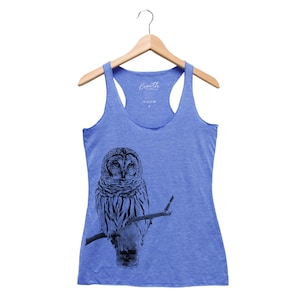 Owl tank top, women’s racer back top, bird print tee, graphic, gift for women, cute animal print, triblend, screen print, black shirt