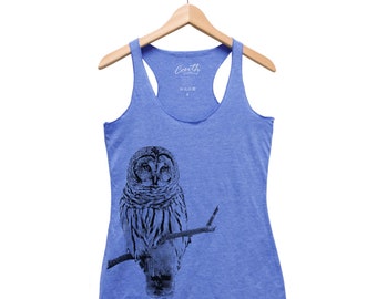 Owl tank top, women’s racer back top, bird print tee, graphic, gift for women, cute animal print, triblend, screen print, black shirt