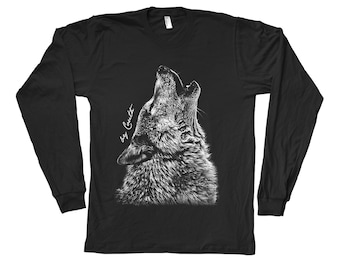 WOLF Tshirt, Mens T-shirt, Unisex T-shirt, Long Sleeve Tshirt, Howling Wolf, Animal Print T, Screen Print, Crew Neck, Black T-shirt