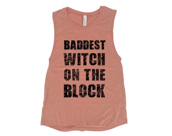 Womens Halloween Muscle Tank Top, Women Cotton Tank Top, Halloween Witch Costume Shirt, Black Tank Top, Baddest Witch, Gothic, Funny Shirt