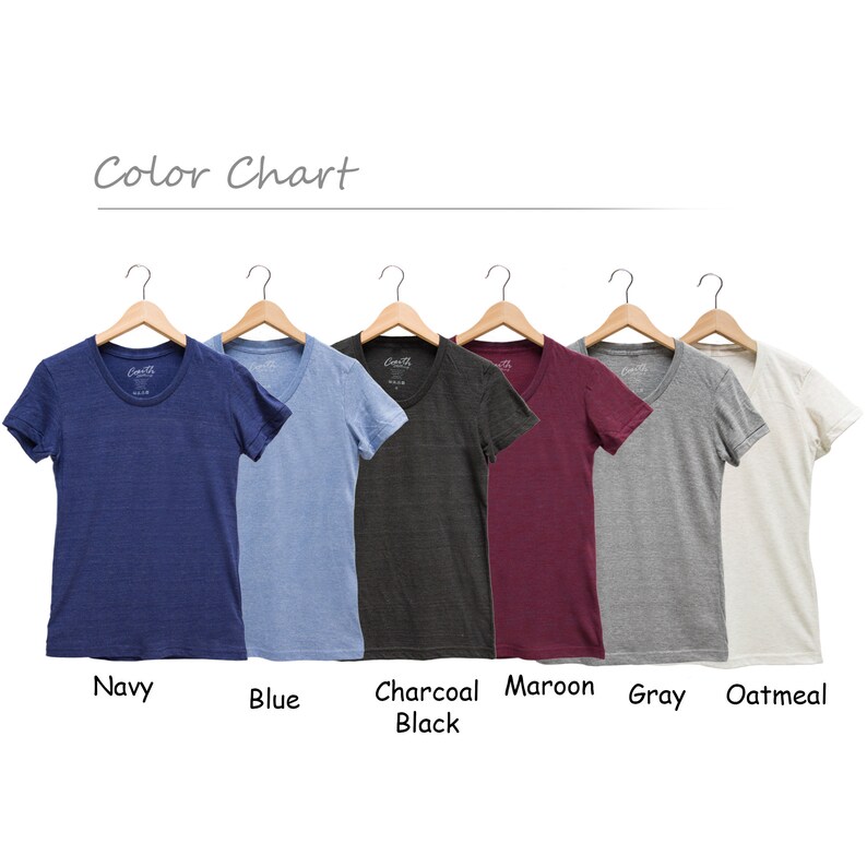 May include: Color chart showing a variety of t-shirts in different colors, including navy, blue, charcoal black, maroon, gray, and oatmeal.