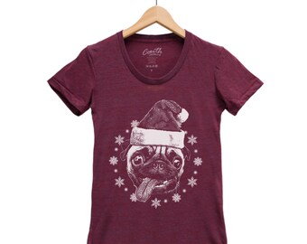 Christmas Junior Shirt for Women, Santa T-shirt, Pug Shirt, Shirt Girl, Animal Shirt, Christmas Gift, Pug Face Shirt, Funny Animal Tshirt