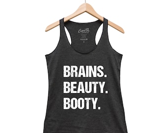 Yoga Tank Top, Brain Beauty Booty, Workout Shirt, Gift for Her, Racerback Tank, Gym Shirt, Yoga Top, Funny Shirt, Womens Clothing, Yoga Gift