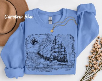 Sailing Ship Sweatshirt: Compass Map Graphic, Unisex Fleece Crewneck
