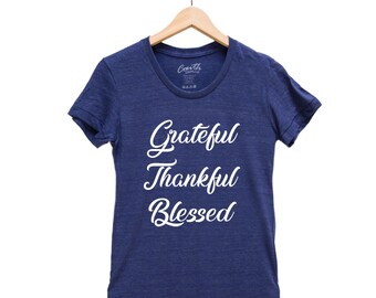 Womens Junior Tshirt - Grateful Thankful Blessed - Summer Shirt - Graphic Tee - Gift for Thanksgiving