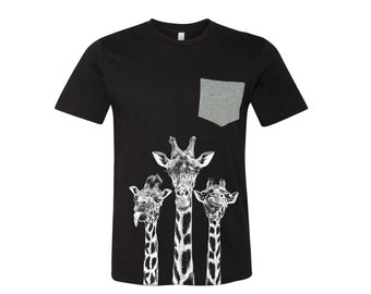 Giraffe Shirt, Mens T-shirt, Pocket Tshirt, Unisex Shirt, Crew Neck, Cotton T-shirt, Friendship Gift, Friend Tshirt, Animal Print Tshirt