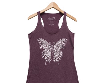 Butterfly Tank Top - Women Tank Top- Insect Tank Top- Graphic Tee- Wife Gift - Triblend Racerback Tank Top - Screen Print - Black Tank Top