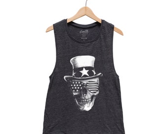 Skull Tank Top, Flag Shirt, Womens Muscle Tee, Patriotic Apparel, US America Merica, Summer, Independence Day, Distressed Flag Tanktop, Girl