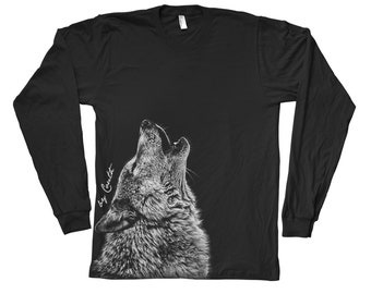 WOLF Tshirt, Mens T-shirt, Unisex T-shirt, Long Sleeve Tshirt, Howling Wolf, Animal Print T, Screen Print, Crew Neck, Black T-shirt