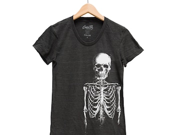 Skeleton Tshirt, Womens Junior Tshirt, Halloween Shirt, Screen Print, Short Sleeve Tshirt, Black T-shirt, Halloween Costume, Party T-shirt