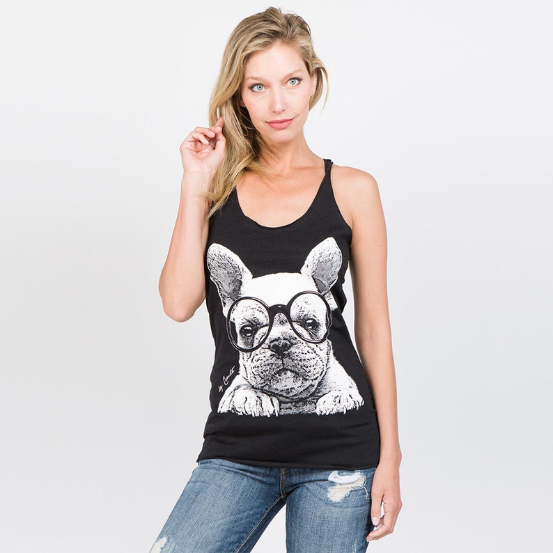 French Bulldog Tank Top, Women Tank Top, Frenchie Tank Top, Dog Tank Top, Dog Mom, Dog Lover, Triblend Racerback Tank Top, Animal Print Charcoal Black