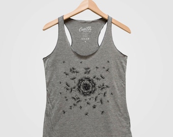 READY TO SHIP, Size Medium, Dandelion Tank Top, Womens Shirt, Nature Shirt, Flower Shirt, Summer Tank Top, Gray Shirt, Cute Shirt