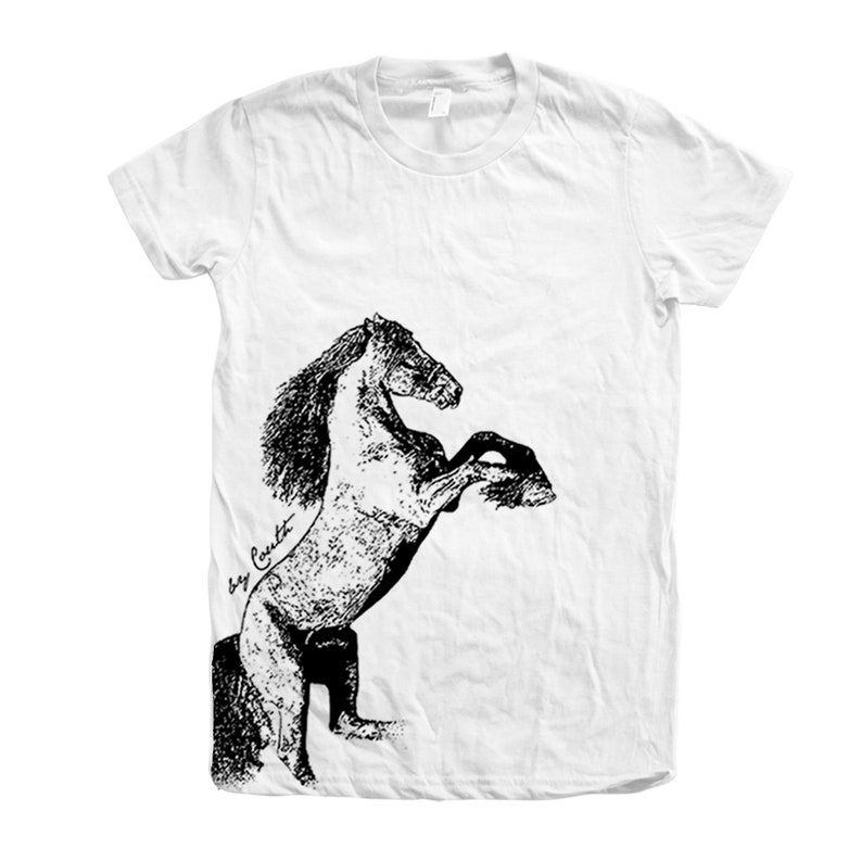 Op de afbeelding: Wit T-shirt met een zwart-witte illustratie van een paard dat op zijn achterpoten staat. De tekst "by Cavalli" staat op het shirt.