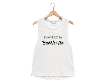 Workout Tank Top, Powered by Bubble Tea, Womens Muscle Tank, Muscle Tee, Gym, Yoga Top, Fitness, Summer, Black Shirt, Funny Shirt