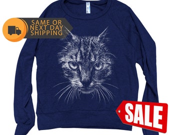 Women Pullover Cat Sweater Tri-Blend Light Weight Raglan Shirt Hand Screen Printed Gift for Cat Lover Cute Animal