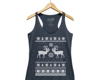 Christmas Ugly Sweater Shirt, Womens Tank Top, Animal Print Shirt, Black Tank Top, Holiday Gift, Cute Shirt, Reindeer Shirt, Funny Shirt