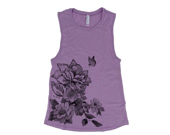 Flower Tank - Muscle Tee - Yoga Tank - Screen Print - Summer Shirt - Vacay Shirt - Gift for Women - Tank Top for Women - Yoga Shirt