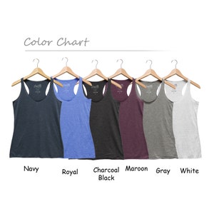 May include: Color chart showing six tank tops in different colors: navy, royal blue, charcoal black, maroon, gray, and white.