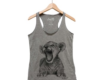 Lion Tank Top, Women's Tank Top, Lion Cub Tank Top, Cute Animal Tank Top, Graphic Tee, Triblend Racerback Tank Top, Hand Screen Print