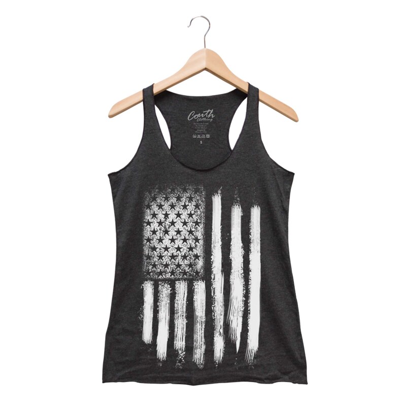 American Flag Tank Top, Womens Raceback Tank Top, USA Shirt, Distressed Flag Shirt, 4th of July Gift, Independence Day, Patrotic Shirt Charcoal Black