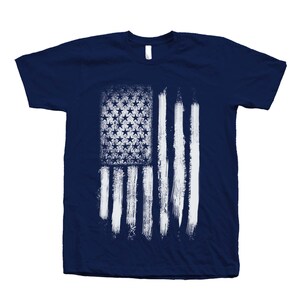 Mens navy short sleeve crew neck tshirt with screen print distressed American Flag design for 4th of July