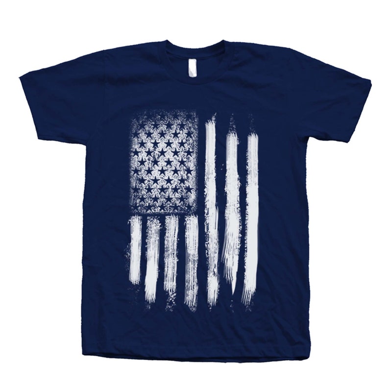Mens navy short sleeve crew neck tshirt with screen print distressed American Flag design for 4th of July