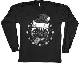 Chrismas Log Sleeve Tshirt Hand Screen Print  Crew Neck Gift for Christmas