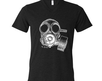 Mens Clothing Vneck Tshirt, Mens Graphic Tee, Gas Mask Tshirt, Tri-Blend Short Sleeve, Black Shirt, Retro T-shirt, Unisex T-shirt
