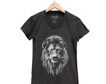 Lion Shirt, Womens Junior T-shirt, Animal Print Tshirt, Headphone T-shirt, Short Sleeve T-shirt, Gift for Women, Screen Print, Graphic Tee