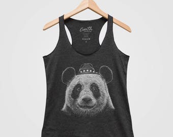 Panda Women Tank Top Triblend Racerback Graphic Tee Hand Screen Printed