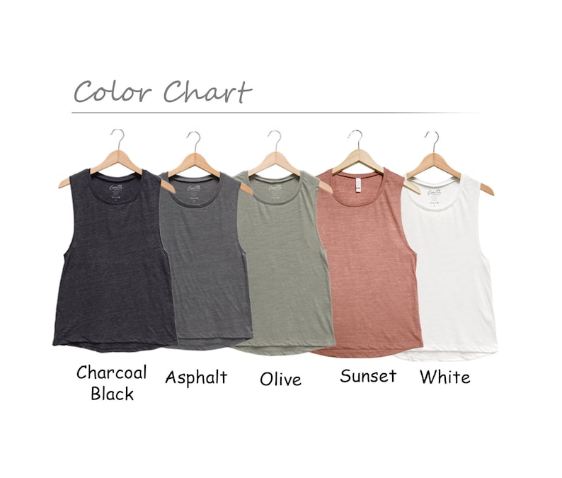 May include: Color chart showing five sleeveless shirts in different colors: charcoal black, asphalt, olive, sunset, and white.