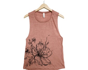 Flower Tank - Muscle Tee - Yoga Tank - Screen Print - Summer Shirt - Vacay Shirt - Gift for Women - Tank Top for Women - Yoga Shirt