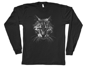 Cat Tshirt, Mens T-shirt, Unisex T-shirt, Long Sleeve Tshirt, Cat Lover Gift, Animal Print T, Screen Print, Crew Neck, Black T-shirt