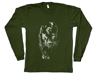 Panther Tshirt, Mens T-shirt, Unisex T-shirt, Long Sleeve Tshirt, Cat Lover, Animal Print T, Screen Print, Crew Neck, Black T-shirt